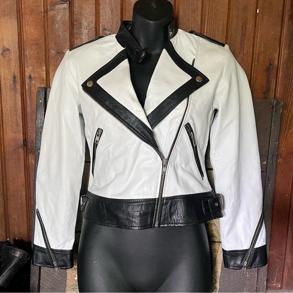 Custom Made Genuine Leather Jacket Cropped Colorblock Moto Biker XXS Motorcycle - Picture 2 of 14